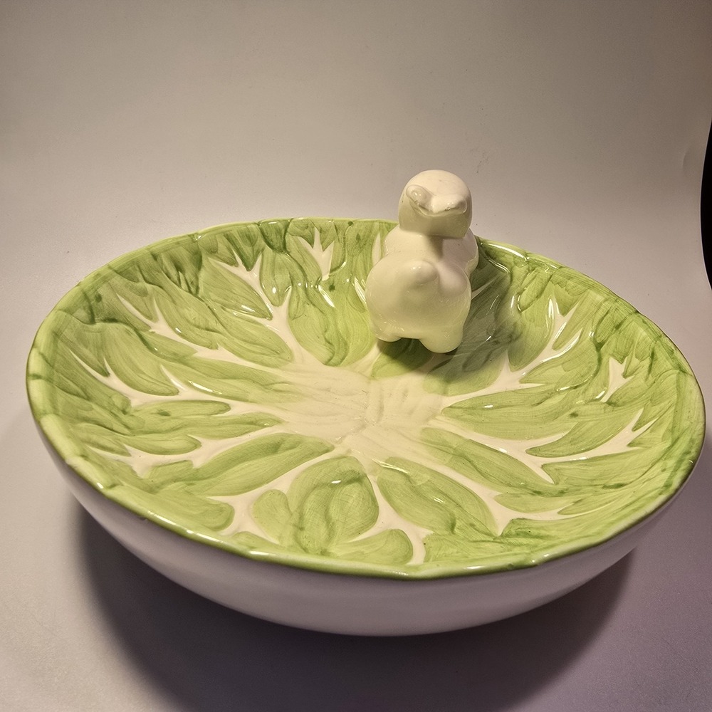 WCL White Bunny Green Lettuce‎ 8 1/2" Bowl Easter Candy Serve Dish